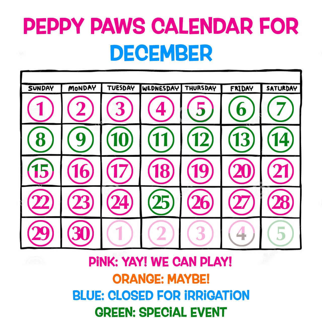 December calendar for Peppy Paws Play Yard