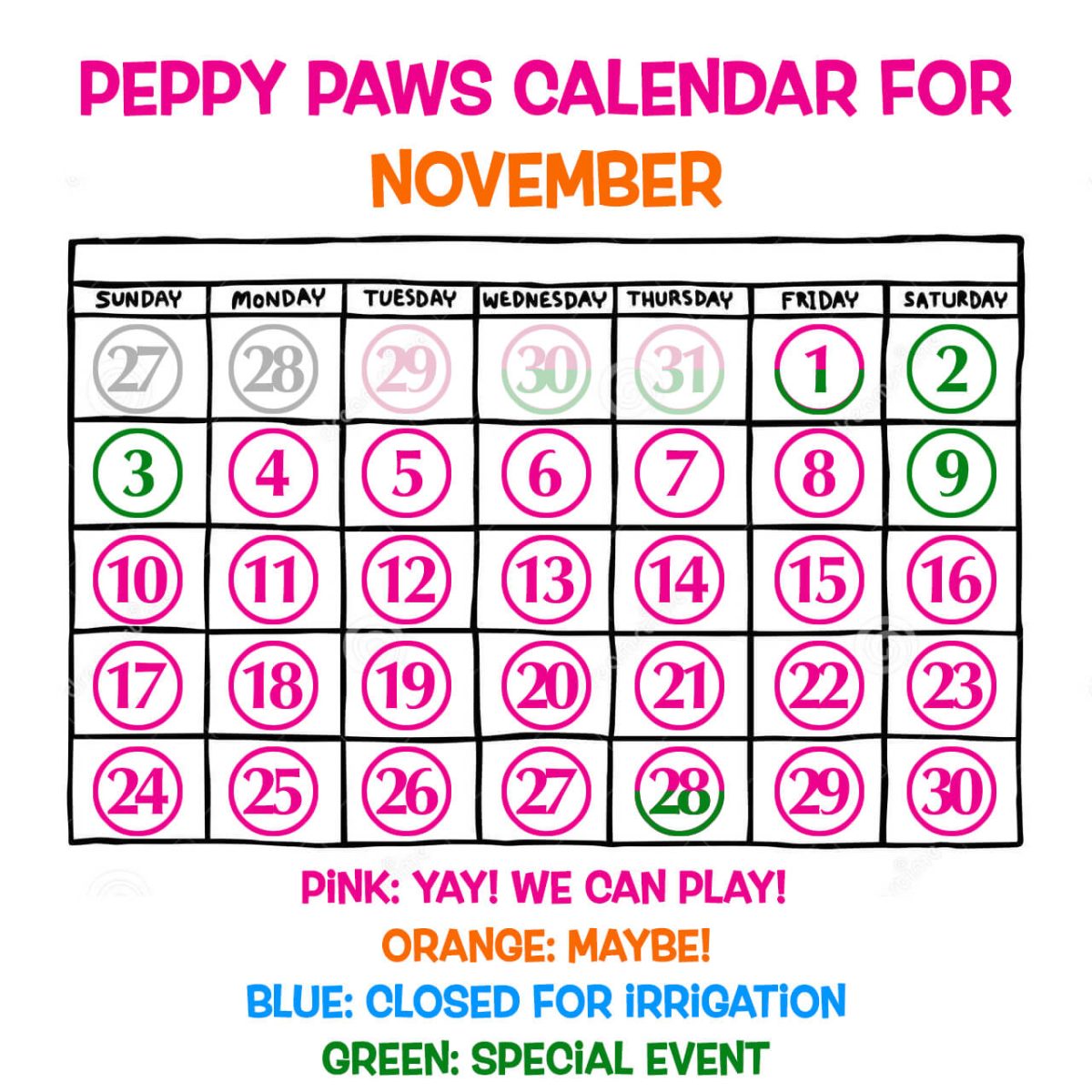 Peppy Paws Play Yard Calendar for November 2024